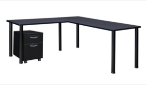 Kee 60" Single Pedestal L-Desk with 42" Return, Grey/Black