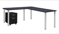 Kee 60" Single Pedestal L-Desk with 42" Return, Grey/Chrome