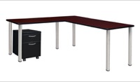 Kee 60" Single Pedestal L-Desk with 42" Return, Mahogany/Chrome