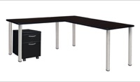 Kee 60" Single Pedestal L-Desk with 42" Return, Mocha Walnut/Chrome