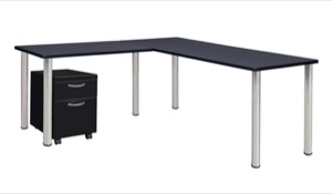 Kee 66" Single Pedestal L-Desk with 42" Return, Grey/Chrome
