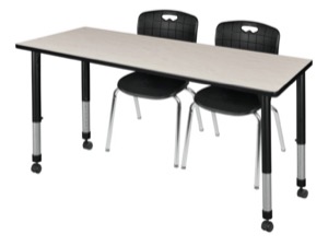 Kee 72" x 24" Height Adjustable Mobile Classroom Table  - Maple & 2 Andy 18-in Stack Chairs - Black