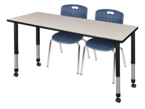 Kee 72" x 24" Height Adjustable Mobile Classroom Table  - Maple & 2 Andy 18-in Stack Chairs - Navy Blue