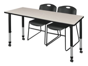Kee 72" x 24" Height Adjustable Mobile Classroom Table  - Maple & 2 Zeng Stack Chairs - Black