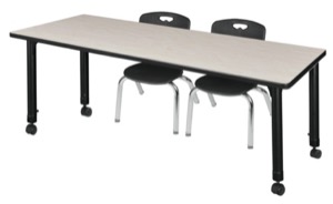 Kee 72" x 24" Height Adjustable Mobile Classroom Table  - Maple & 2 Andy 12-in Stack Chairs - Black
