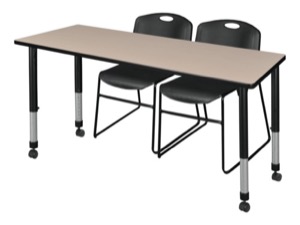 Kee 72" x 30" Height Adjustable Mobile Classroom Table  - Beige & 2 Zeng Stack Chairs - Black