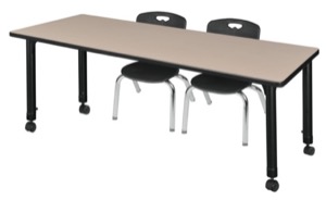 Kee 72" x 30" Height Adjustable Mobile Classroom Table  - Beige & 2 Andy 12-in Stack Chairs - Black