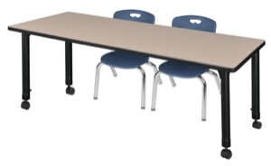Kee 72" x 30" Height Adjustable Mobile Classroom Table  - Beige & 2 Andy 12-in Stack Chairs - Navy Blue