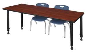 Kee 72" x 30" Height Adjustable Classroom Table  - Cherry & 2 Andy 12-in Stack Chairs - Navy Blue