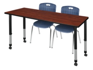Kee 72" x 30" Height Adjustable Mobile Classroom Table  - Cherry & 2 Andy 18-in Stack Chairs - Navy Blue