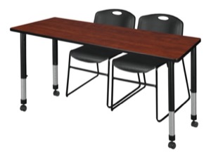 Kee 72" x 30" Height Adjustable Mobile Classroom Table  - Cherry & 2 Zeng Stack Chairs - Black