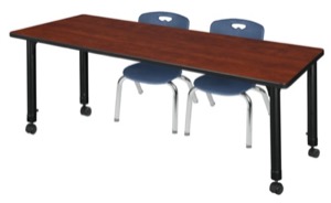 Kee 72" x 30" Height Adjustable Mobile Classroom Table  - Cherry & 2 Andy 12-in Stack Chairs - Navy Blue