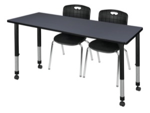 Kee 72" x 30" Height Adjustable Mobile Classroom Table  - Grey & 2 Andy 18-in Stack Chairs - Black