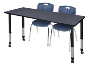 Kee 72" x 30" Height Adjustable Mobile Classroom Table  - Grey & 2 Andy 18-in Stack Chairs - Navy Blue