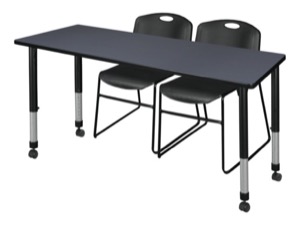 Kee 72" x 30" Height Adjustable Mobile Classroom Table  - Grey & 2 Zeng Stack Chairs - Black
