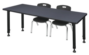 Kee 72" x 30" Height Adjustable Mobile Classroom Table  - Grey & 2 Andy 12-in Stack Chairs - Black