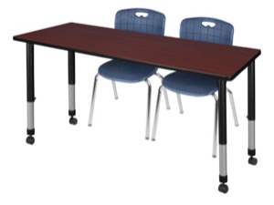 Kee 72" x 30" Height Adjustable Mobile Classroom Table  - Mahogany & 2 Andy 18-in Stack Chairs - Navy Blue