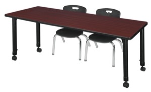 Kee 72" x 30" Height Adjustable Mobile Classroom Table  - Mahogany & 2 Andy 12-in Stack Chairs - Black