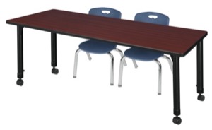 Kee 72" x 30" Height Adjustable Mobile Classroom Table  - Mahogany & 2 Andy 12-in Stack Chairs - Navy Blue
