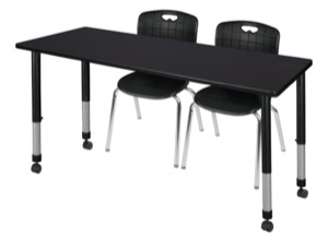 Kee 72" x 30" Height Adjustable Mobile Classroom Table  - Mocha Walnut & 2 Andy 18-in Stack Chairs - Black