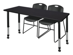 Kee 72" x 30" Height Adjustable Mobile Classroom Table  - Mocha Walnut & 2 Zeng Stack Chairs - Black
