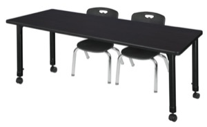 Kee 72" x 30" Height Adjustable Mobile Classroom Table  - Mocha Walnut & 2 Andy 12-in Stack Chairs - Black