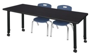 Kee 72" x 30" Height Adjustable Mobile Classroom Table  - Mocha Walnut & 2 Andy 12-in Stack Chairs - Navy Blue