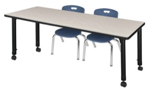 Kee 72" x 30" Height Adjustable Mobile Classroom Table  - Maple & 2 Andy 12-in Stack Chairs - Navy Blue