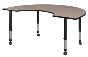 72" x 48" Kidney Shaped Height Adjustable Mobile Classroom Table - Beige