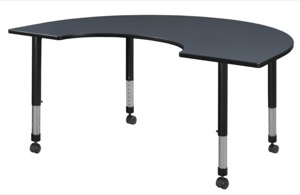 72" x 48" Kidney Shaped Height Adjustable Mobile Classroom Table - Grey