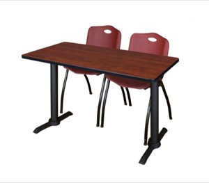 Cain 48" x 24" Training Table - Cherry & 2 'M' Stack Chairs - Burgundy