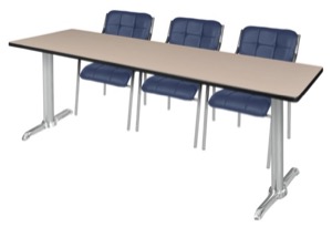 Via 84" x 24" Training Table - Beige/Chrome & 3 Uptown Side Chairs - Navy