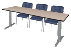 Via 84" x 24" Training Table - Beige/Grey & 3 Uptown Side Chairs - Navy