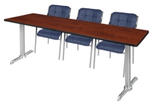 Via 84" x 24" Training Table - Cherry/Chrome & 3 Uptown Side Chairs - Navy