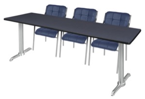 Via 84" x 24" Training Table - Grey/Chrome & 3 Uptown Side Chairs - Navy