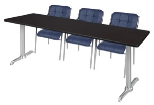 Via 84" x 24" Training Table - Mocha Walnut/Chrome & 3 Uptown Side Chairs - Navy