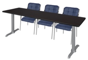 Via 84" x 24" Training Table - Mocha Walnut/Grey & 3 Uptown Side Chairs - Navy