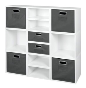Niche Cubo Storage Set - 6 Full Cubes/6 Half Cubes with Foldable Storage Bins - White Wood Grain/Grey