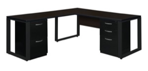 Structure 66" x 30" Double Metal Pedestal L-Desk with 42" Return - Mocha Walnut/Black