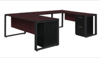Structure 66" x 30" Double Metal Pedestal U-Desk with 48" Bridge - Mahogany/Black