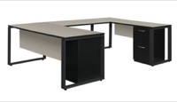 Structure 66" x 30" Double Metal Pedestal U-Desk with 48" Bridge - Maple/Black