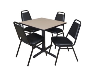 Cain 30" Square Breakroom Table - Beige & 4 Restaurant Stack Chairs - Black
