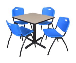 Cain 30" Square Breakroom Table - Beige & 4 'M' Stack Chairs - Blue