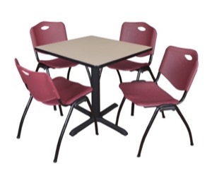 Cain 30" Square Breakroom Table - Beige & 4 'M' Stack Chairs - Burgundy