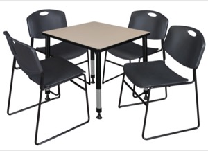 Kee 30" Square Height Adjustable  Classroom Table  - Beige & 4 Zeng Stack Chairs - Black