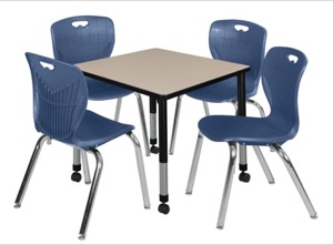 Kee 30" Square Height Adjustable Mobile  Classroom Table  - Beige & 4 Andy 18-in Stack Chairs - Navy Blue