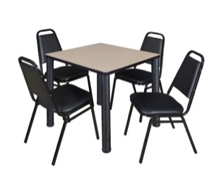 Kee 30" Square Breakroom Table - Beige/ Black & 4 Restaurant Stack Chairs - Black