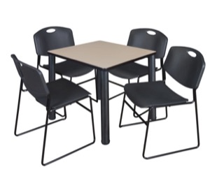 Kee 30" Square Breakroom Table - Beige/ Black & 4 Zeng Stack Chairs - Black