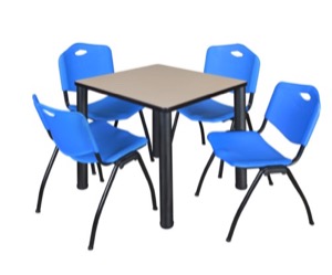 Kee 30" Square Breakroom Table - Beige/ Black & 4 'M' Stack Chairs - Blue