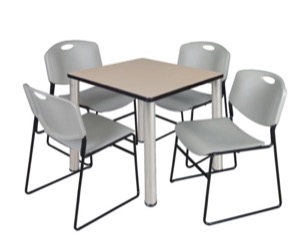 Kee 30" Square Breakroom Table - Beige/ Chrome & 4 Zeng Stack Chairs - Grey